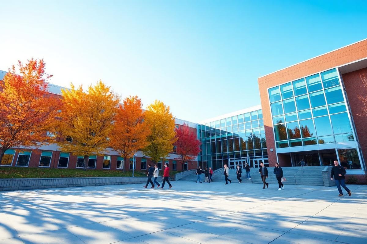 Modern Canadian college campus building with students walking outside