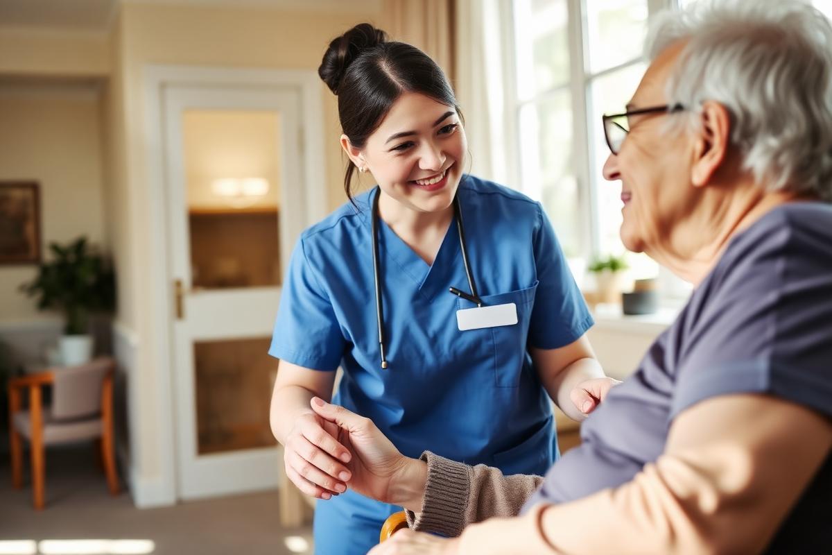 Personal support worker assisting an elderly client in a care home
